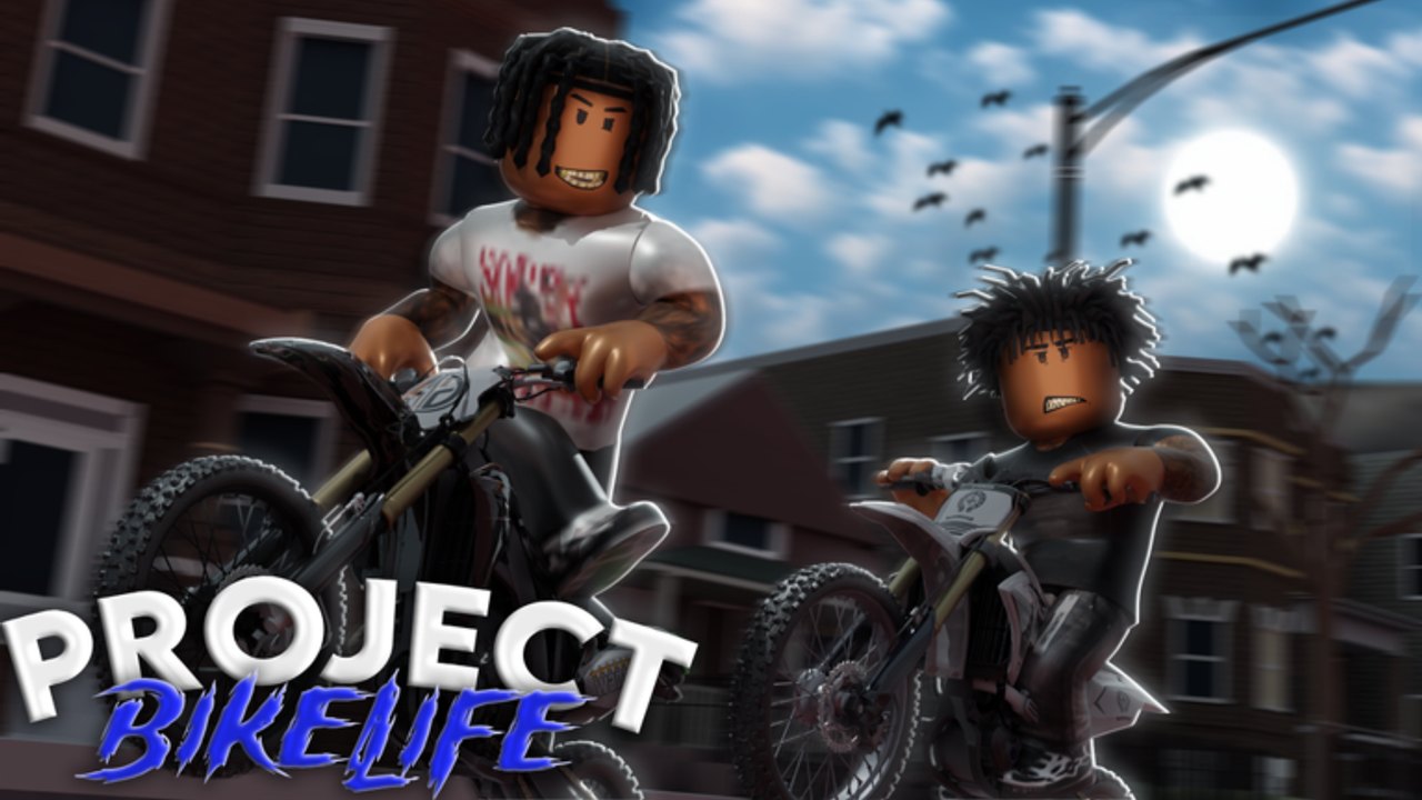 Two Project Bikelife riders on dirt bikes rolling through a neighborhood street under a bright sky
