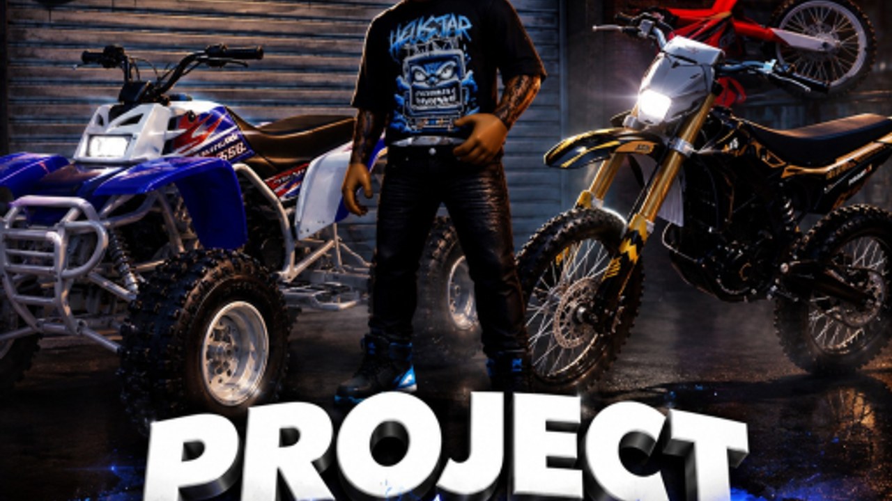 Project Bikelife garage scene with a rider, a blue ATV, and a dirt bike parked at night